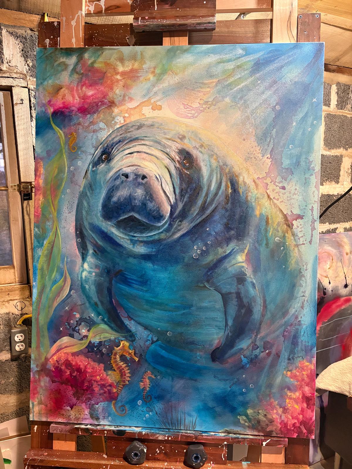 Manatee with seahorses — oil on acrylic and ink underlay