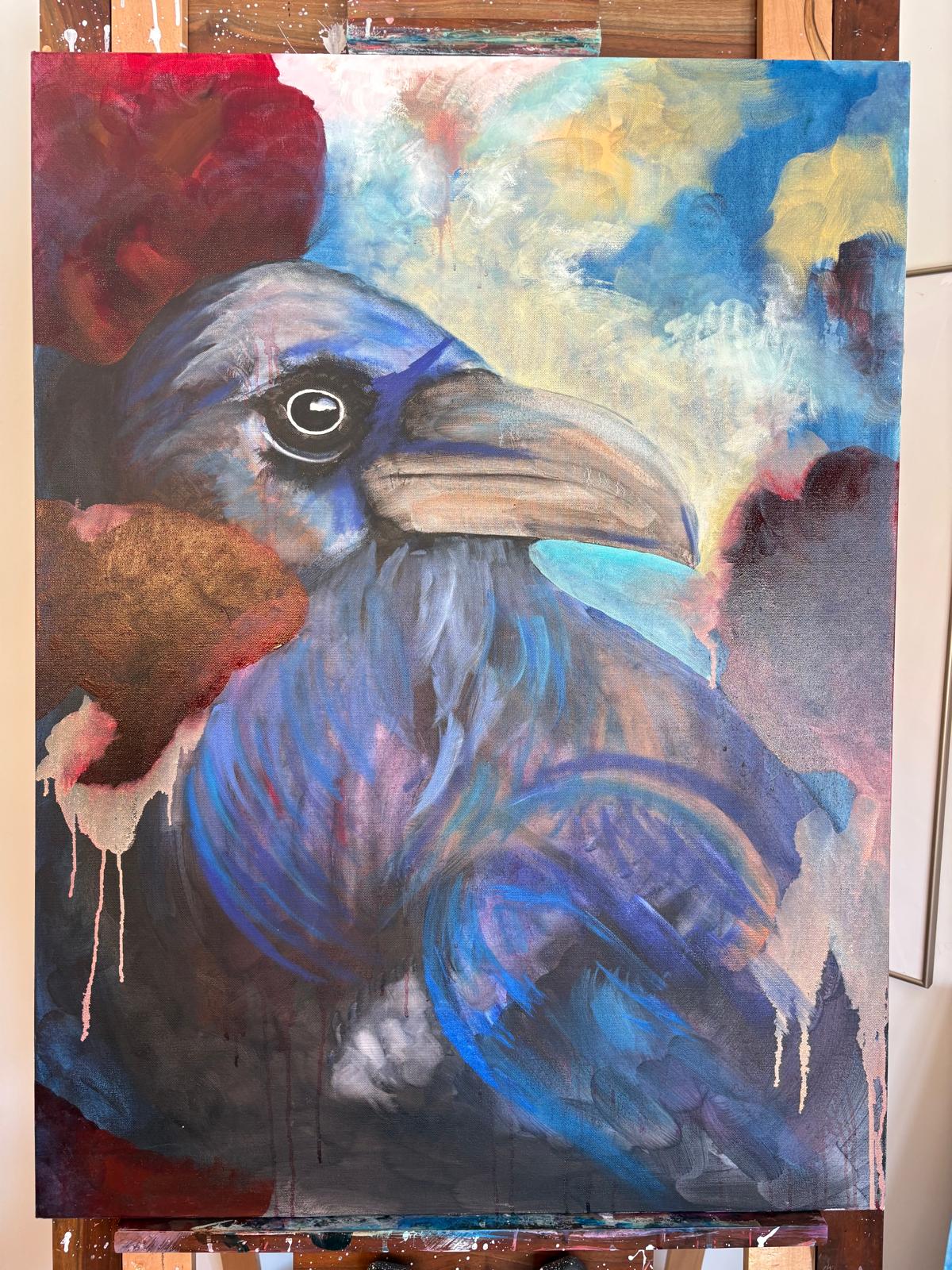 Raven with roses — oil painting